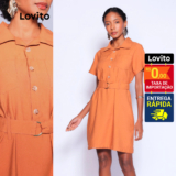 Lovito Vestido Curto Acinturado com Gola Manga Curta Casual Liso com Cinto Feminino LB956BRL986