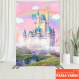 Painel de Festa Princesas Castelo Retangular Lateral Decorativo Sublimado Em Tecido 1,50×2,20m