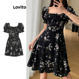 (Trendy) Lovito Casual Vestido Feminino Floral Amarrado L68ED190 (Preto)