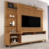 Estante para TV e Home Theater Ripado para TV até 60 Polegadas MDF 180cmx190cm Rodízios Nature Off White Nobre