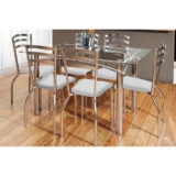 Sala de Jantar Completa Elba c/ Tampo Vidro 150cm + 6 Cadeiras Portugal Cromado/Courano Branco – Kappesberg