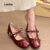 (Trendy) Lovito Elegante laço vermelho liso Mary Jane Vintage sapatilhas botões Mary Jane para mulheres LFA75061