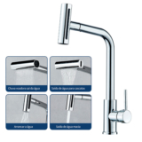 Torneira Cascata Cozinha Gourmet Bancada Misturador Quatro modos Aço Inox 304 Cor Prata Brilhante Escovado