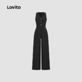 (Trendy) Lovito Macacão Casual Com Botão E Bolso Com Zíper Verão/Primavera Macacão Preto Para Mulheres L134ED117
