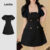 Lovito Vestido Elegante com Babados e Botões Duplos, Preto, Primavera/Verão, Mulheres L134ED199