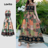 Lovito Vestido Boho Tribal estampado com babados e bainha com cordão estilo Resort para mulheres L132ED164