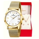 Relógio Champion Feminino Analógico Dourado Kit de Brincos e Colar Original À Prova d’Água CN29098W