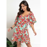 Vestido Curto Mangas Amplas 3/4 Verde Quintess