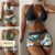 (KOL‘s pick) Lovito Sexy Conjunto Feminino Biquíni com Laço Estampa de Plantas LNL36108 (Branco/Verde/Preto)