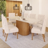 Conjunto Sala de Jantar Tampo MDF/Vidro 8 Cadeiras Mira Nature/Off White/Linho