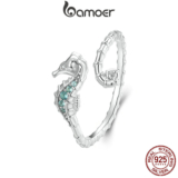 Bamoer 925 Sterling Sliver Fita Aberta Anel Cavalo Marinho Design Jóias De Moda Presentes Para Mulheres
