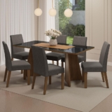 Conjunto Sala de Jantar Mesa Tampo de Vidro 6 Cadeiras Rustic/Preto/Silver Valerie Madesa