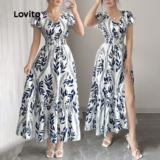 (Trendy) Lovito Vestido Boho com Estampa de Flores Abertura Frontal Macio e Confortável Primavera/Verão L145ED029