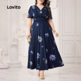 (Trendy) Lovito Vestido Plus Size curva elegante Ditsy Floral padrão franzido para mulheres LBL23549