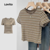 Lovito Camisa Casual de Manga Curta com Cores em Bloco Primavera/verão Camiseta Cáqui para mulheres L142ED232