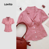 (New) Lovito Blusa Casual com Botões e Plissada para Primavera/verão Vermelha para Mulheres L144AD021