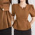 (New) Lovito Blusa Elegante com Botões e Pregas  Blusa de Assessoria Primavera/verão Marrom para Mulheres L143ED286