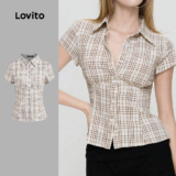 Lovito Blusa Casual de Botões Linha de Estrutura de Blusa de Primavera/verão Marrom para mulheres L144AD020