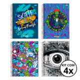Kit 04 Cadernos Universitário 10 Matérias 160 Folhas Flow – Jandaia CAPA:Skate/Alien/Boys/Olho