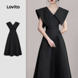 (New) Lovito Vestido Elegante Minimalista Primavera/verão Preto para Mulheres L143ED418
