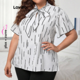 (Trendy) Lovito Blusa plus size elegante geométrica com amarração frontal para mulheres LBL20083