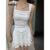 (Trendy) Lovito Regata Casual Lisa Com Bainha Franzida Para Mulheres L62ED045 (Branco/Preto)