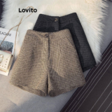 (Trendy) Lovito Shorts Casuais Com Botões Lisos Para Mulheres LNL61123