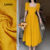 Lovito Vestido Elegante com Zíper Textura de Boa Qualidade Vestido Amarelo Primavera/verão para Mulheres LBL26200