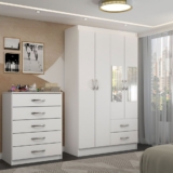 Guarda-Roupa Solteiro Eden 4 Portas 2 Gavetas e Espelho com Cômoda 5 Gavetas