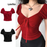 Lovito Camiseta Casual Feminina Lisa Com Laço Frontal E Pregas L87ED215