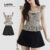 (Lovito Refine) Conjuntos Shorts Casuais Laço Gola Plissada Primavera/verão Preto Conjunto Shorts Para Mulheres LR12A178