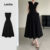 Lovito Vestido Elegante Natal Boho Zíper Plissado Toque Suave Primavera/verão Vestido Preto Para Mulheres LBL26518