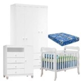 Quarto De Bebê 4 Portas Ternura Baby Com Berço Lila Branco Brilho Com Colchão – Incorplac