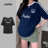 (Hot) Lovito Camiseta Casual Com Letras Contrastantes E Encadernação De Verão Para Mulheres LNE29081 (Multicolorido)