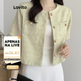(LIVE STREAM SALE) Lovito Blusa feminina casual com bolso liso e botão de metal LNE62083