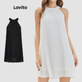 Lovito Vestido Casual Liso Plissado Com Decote Redondo Vestido Branco Para Mulheres L24AD025 (Branco)