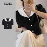 Lovito Blusa Casual com costura em tecido frontal com botão liso para mulheres L131LD1204
