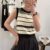 (Trendy) Lovito Top De Malha Casual Listrado Com Gola Contrastante Sem Mangas Para Mulheres LNA07134