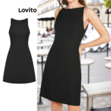 Lovito Vestido Elegante Vestido Básico Liso Para Mulheres L68ED233 (Preto)