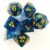 KIT 7 DADOS DICE AZUL GLITTER CENTRAL JOGO TABULEIRO RPG MESA NÚMEROS DOURADO D4 D6 D8 D10 % D12 D20