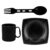 Kit Prato Preto Quadrado 22x22cm + Talher Dobravel + Caneca de Plastico
