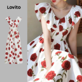 Lovito Vestido romântico flores estrutura linha babado vestido primavera/verão para mulheres LK3ED1539