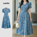 Lovito Vestido Casual plissado primavera/verão vestido azul para mulheres LK3ED144