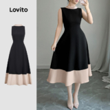 Lovito Vestido elegante Colorblock com zíper vestido preto para mulheres LK3AD1145