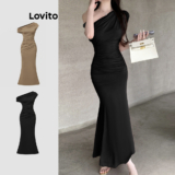 Lovito Vestido assimétrico simples elegante para mulheres L112ED479