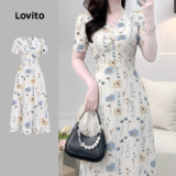 Lovito Vestido Elegante Estampado Floral Nó Primavera/verão Branco para Mulheres L177ED381
