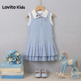 Lovito Kids Vestido Casual Plissado com Apliques de Botão Primavera/verão Azul para Menina. LNL139090