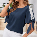 Lovito Blusa elegante com renda primavera/verão blusa azul marinho para mulheres LK3LD412