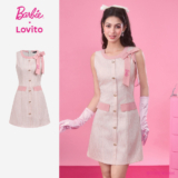 Barbie™ X Lovito Vestido Casual Elegante E Delicado Com Bordados Em Blocos De Cores Rosa Primavera/verão LB1AD033