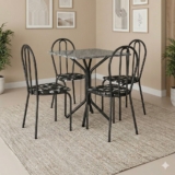 Conjunto Sala de Jantar 1 Mesa Tampo Granito Quadrado 4 Cadeiras Thais Cromo Preto/Preto Flor